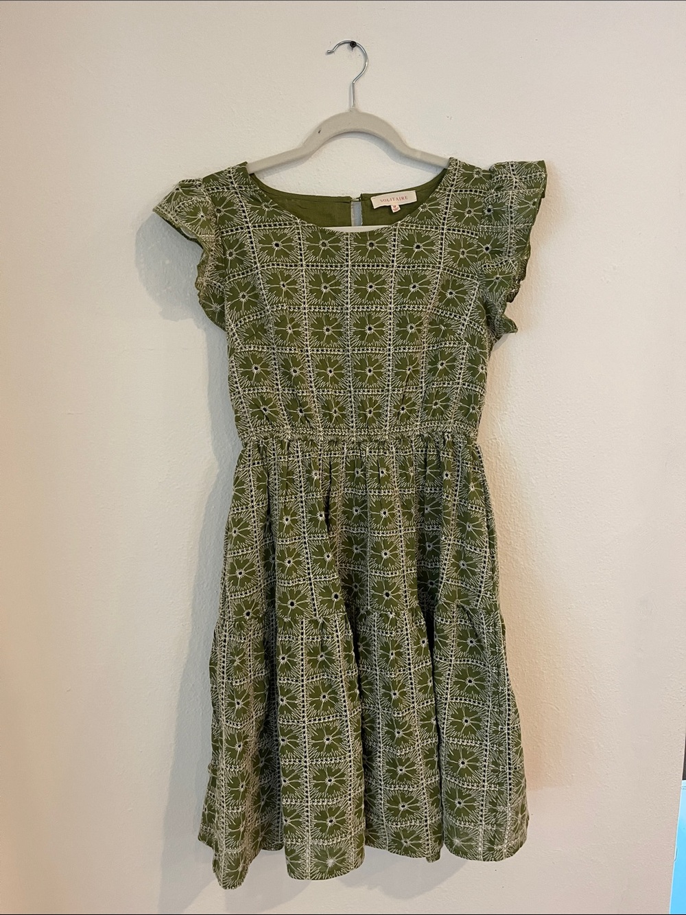 Solitaire Olive Green Eyelet-Style Flutter Sleeve Dress